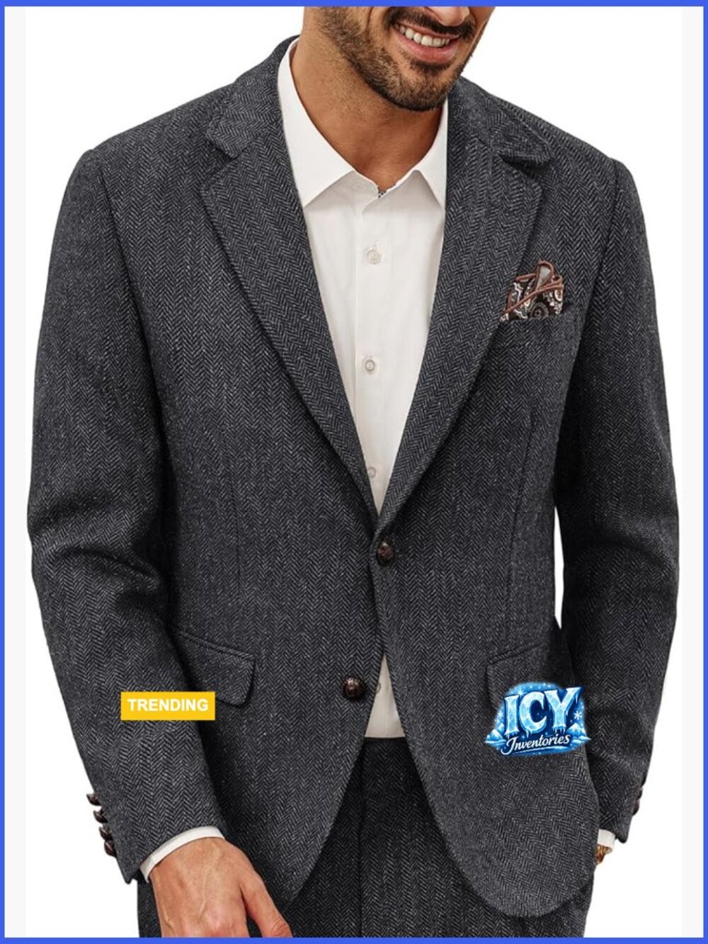 Vintage Wool Blend Herringbone Tweed Sport Coat with Pocket Square